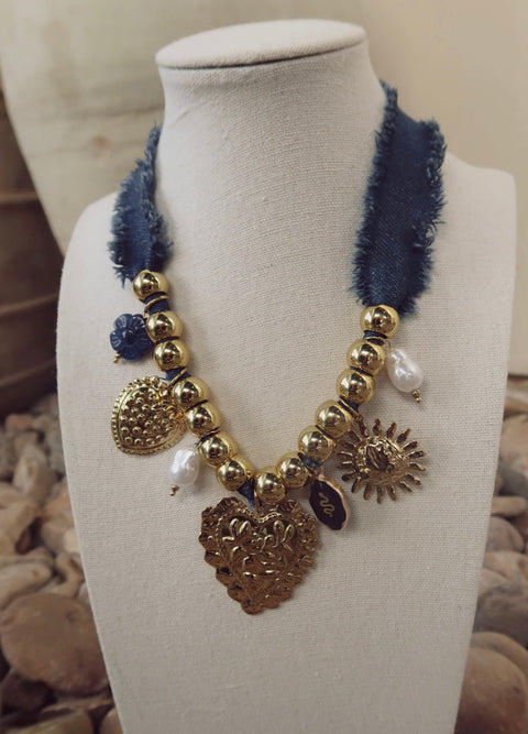 Denim Heart Charm Statement Necklace