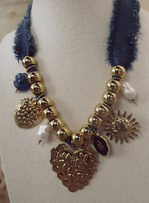 Denim Heart Charm Statement Necklace