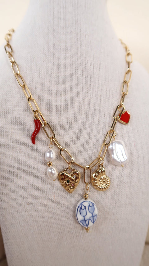 Blue and White Floral Charm Necklace